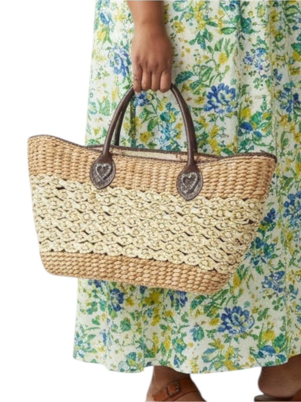 Brighton Woven Straw Tan White Brown Floral Raffia Tote